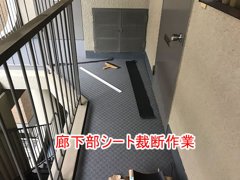 外部廊下のシート保護作業